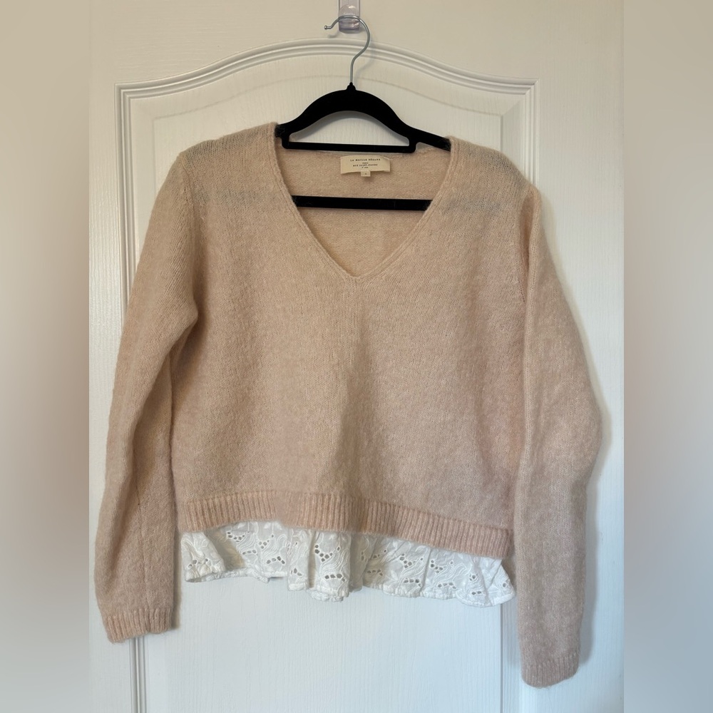 Sezane Blush Pink Sweater with Lace Trim